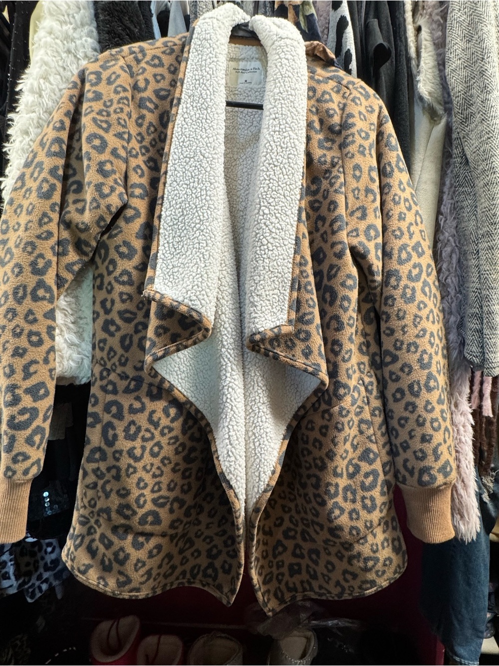 Abercrombie & Fitch Leopard Teddy Coat in Tan and Cream